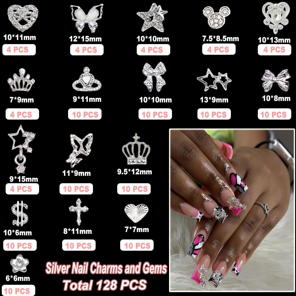 KACHIMOO 128 PCS Silver Nail Charms - 3D Butterfly, Bow, Star, Crown, Cross, Dollar, Heart Shapes - Y2K Nail Art Rhinestone Decor Avelisse