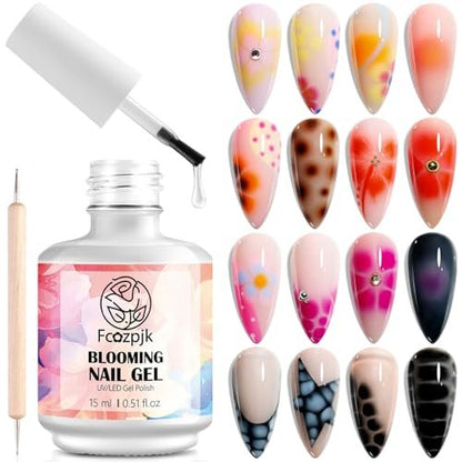 Fcozpjk Nail Blooming Gel - 15ML Clear Blooming Gel Polish for Watercolor, Marble, Ombre & Aura Nail Art - Soak Off UV/LED Cure with Dotting Pen Avelisse