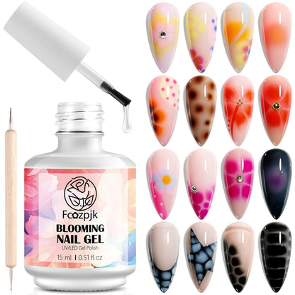 Fcozpjk Nail Blooming Gel - 15ML Clear Blooming Gel Polish for Watercolor, Marble, Ombre & Aura Nail Art - Soak Off UV/LED Cure with Dotting Pen Avelisse