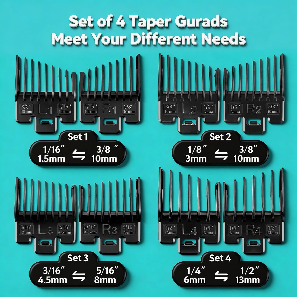 Fade Guide Set Compatible with Most Wahl Clippers - 4 Sets Taper Guards, Black Avelisse