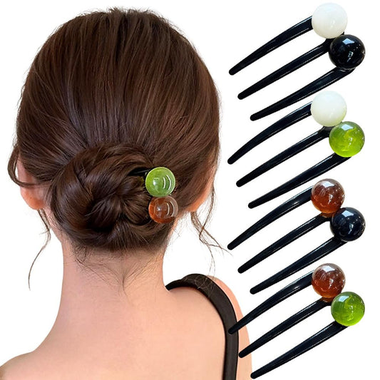 4Pcs U-Shaped French Hair Pins Set - Vintage Pearl Bead Decorative 3-Fork Hairpins for Women, Plastic Hair Sticks for Bun Hairstyle Updo Accessories