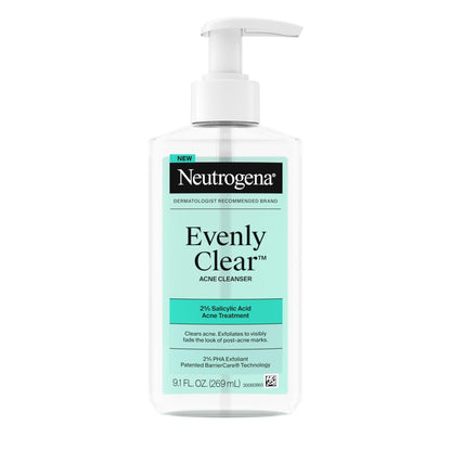 Neutrogena Evenly Clear Acne Cleanser with 2% Salicylic Acid & 2% PHA Exfoliant, Gentle Foaming Face Wash for Clogged Pores, Blackheads & Post-Acne Marks, 9.1 fl. oz