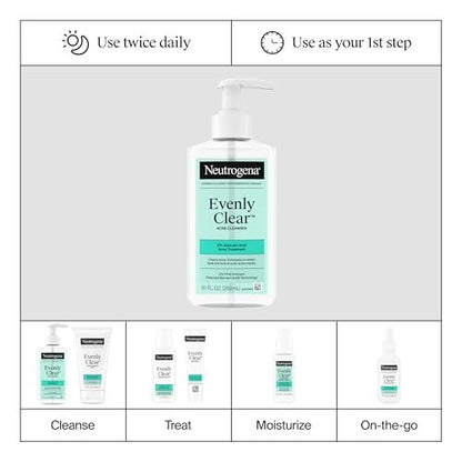 Neutrogena Evenly Clear Acne Cleanser with 2% Salicylic Acid & 2% PHA Exfoliant, Gentle Foaming Face Wash for Clogged Pores, Blackheads & Post-Acne Marks, 9.1 fl. oz