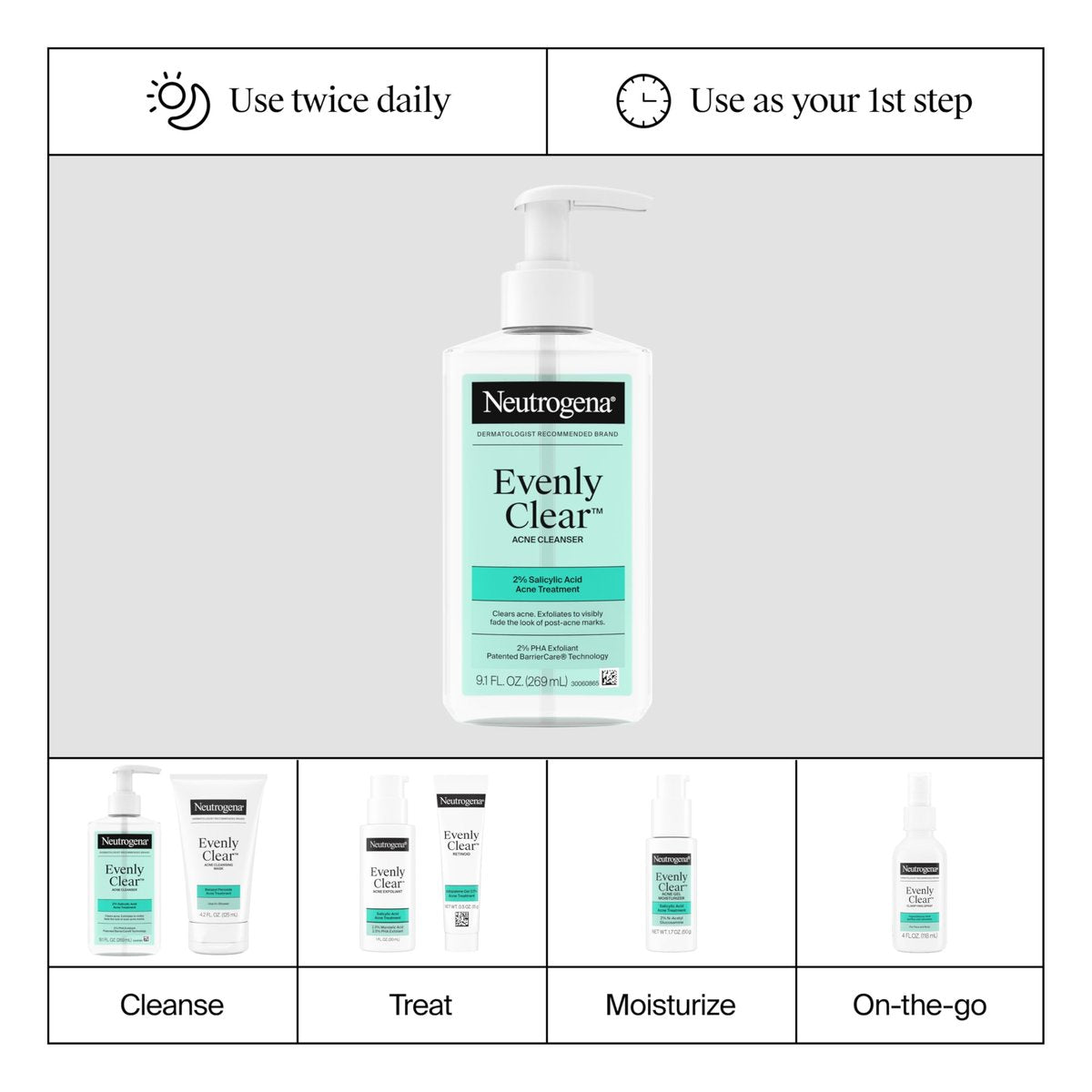 Neutrogena Evenly Clear Acne Cleanser with 2% Salicylic Acid & 2% PHA Exfoliant, Gentle Foaming Face Wash for Clogged Pores, Blackheads & Post-Acne Marks, 9.1 fl. oz - görsel 15