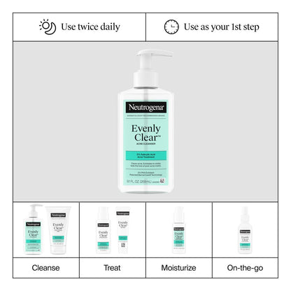 Neutrogena Evenly Clear Acne Cleanser with 2% Salicylic Acid & 2% PHA Exfoliant, Gentle Foaming Face Wash for Clogged Pores, Blackheads & Post-Acne Marks, 9.1 fl. oz