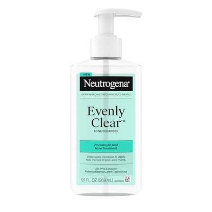 Neutrogena Evenly Clear Acne Cleanser with 2% Salicylic Acid & 2% PHA Exfoliant, Gentle Foaming Face Wash for Clogged Pores, Blackheads & Post-Acne Marks, 9.1 fl. oz