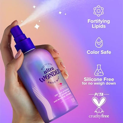 Aussie Ultra Wonder Daily Mist Lightweight Multi-Use Detangler – Silicone-Free, for All Hair Types and Curls, 7.6 oz