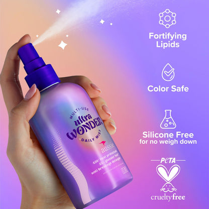 Aussie Ultra Wonder Daily Mist Lightweight Multi-Use Detangler – Silicone-Free, for All Hair Types and Curls, 7.6 oz