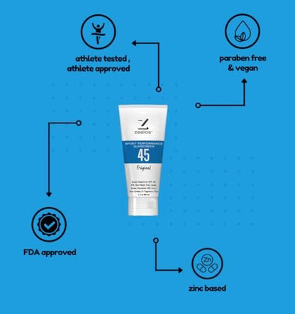 Zealios Sport Performance Original SPF 45 Hybrid Sunscreen - Broad Spectrum, Water & Sweat Resistant (80 min), Non-Greasy, 8% Non-Nano Zinc Oxide Lotion for Swimming, Running & Cycling, Kids (3 oz) Avelisse