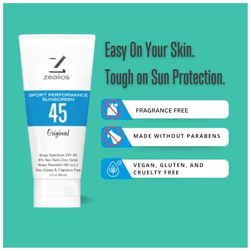 Zealios Sport Performance Original SPF 45 Hybrid Sunscreen - Broad Spectrum, Water & Sweat Resistant (80 min), Non-Greasy, 8% Non-Nano Zinc Oxide Lotion for Swimming, Running & Cycling, Kids (3 oz) Avelisse