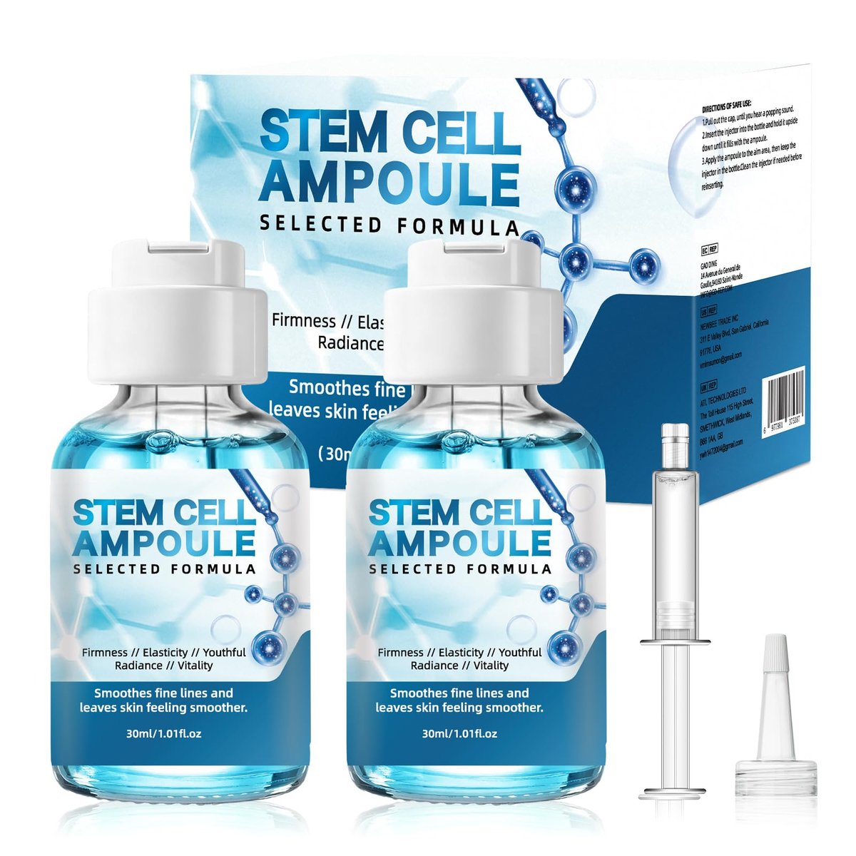Stem Cell Serum for Face – 2 Pack Microneedling Serum Ampoule Booster for Anti-Aging, Wrinkles, Scars, Hydration & Rejuvenation, 1 fl oz Each Avelisse