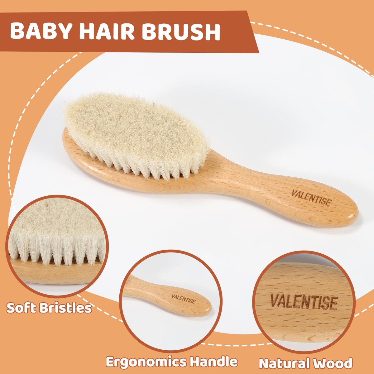 VALENTISE Wooden Baby Hair Brush - Soft Bristle Brush for Cradle Cap, Natural Toddler Hair Brush for Newborns - görsel 5