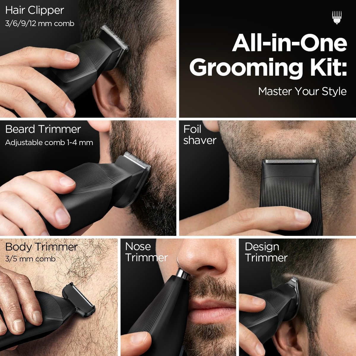 Yineel HC600 Beard Trimmer for Men - All-in-One Cordless Grooming Kit, Waterproof Electric Razor & Hair Clipper for Face, Mustache, Body, Nose Hair Trimming, Precision Blades, 17 Piece Set, Black Avelisse