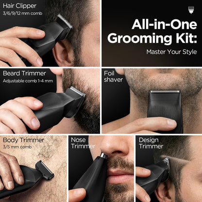 Yineel HC600 Beard Trimmer for Men - All-in-One Cordless Grooming Kit, Waterproof Electric Razor & Hair Clipper for Face, Mustache, Body, Nose Hair Trimming, Precision Blades, 17 Piece Set, Black Avelisse