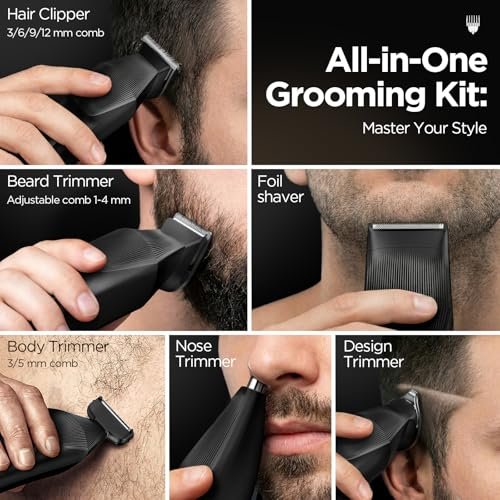 Yineel HC600 Beard Trimmer for Men - All-in-One Cordless Grooming Kit, Waterproof Electric Razor & Hair Clipper for Face, Mustache, Body, Nose Hair Trimming, Precision Blades, 17 Piece Set, Black Avelisse
