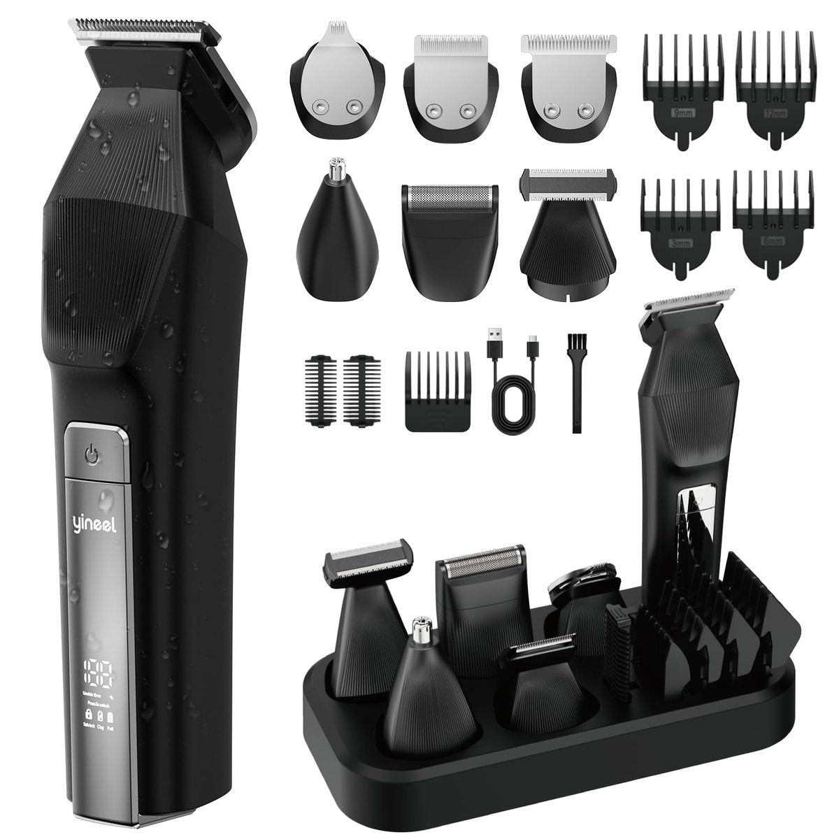 Yineel HC600 Beard Trimmer for Men - All-in-One Cordless Grooming Kit, Waterproof Electric Razor & Hair Clipper for Face, Mustache, Body, Nose Hair Trimming, Precision Blades, 17 Piece Set, Black Avelisse