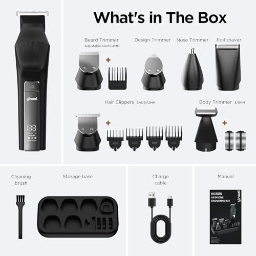 Yineel HC600 Beard Trimmer for Men - All-in-One Cordless Grooming Kit, Waterproof Electric Razor & Hair Clipper for Face, Mustache, Body, Nose Hair Trimming, Precision Blades, 17 Piece Set, Black Avelisse