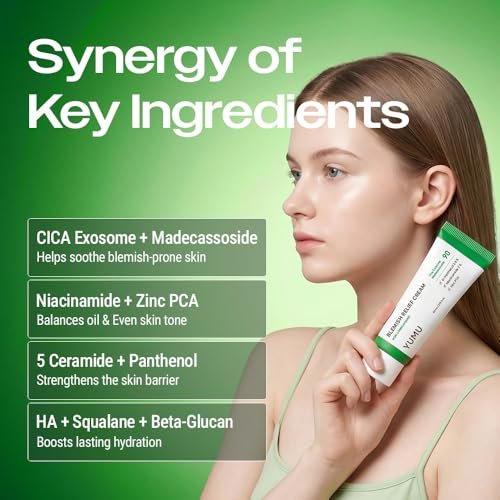 YUMU Cica Exosome Zinc Blemish Relief Cream - Face Moisturizer for Sensitive, Acne-Prone Skin - Lightweight, Oil-Free, Barrier Repair & Hydration - Korean Skincare (80 ml/2.70 fl.oz.) Avelisse