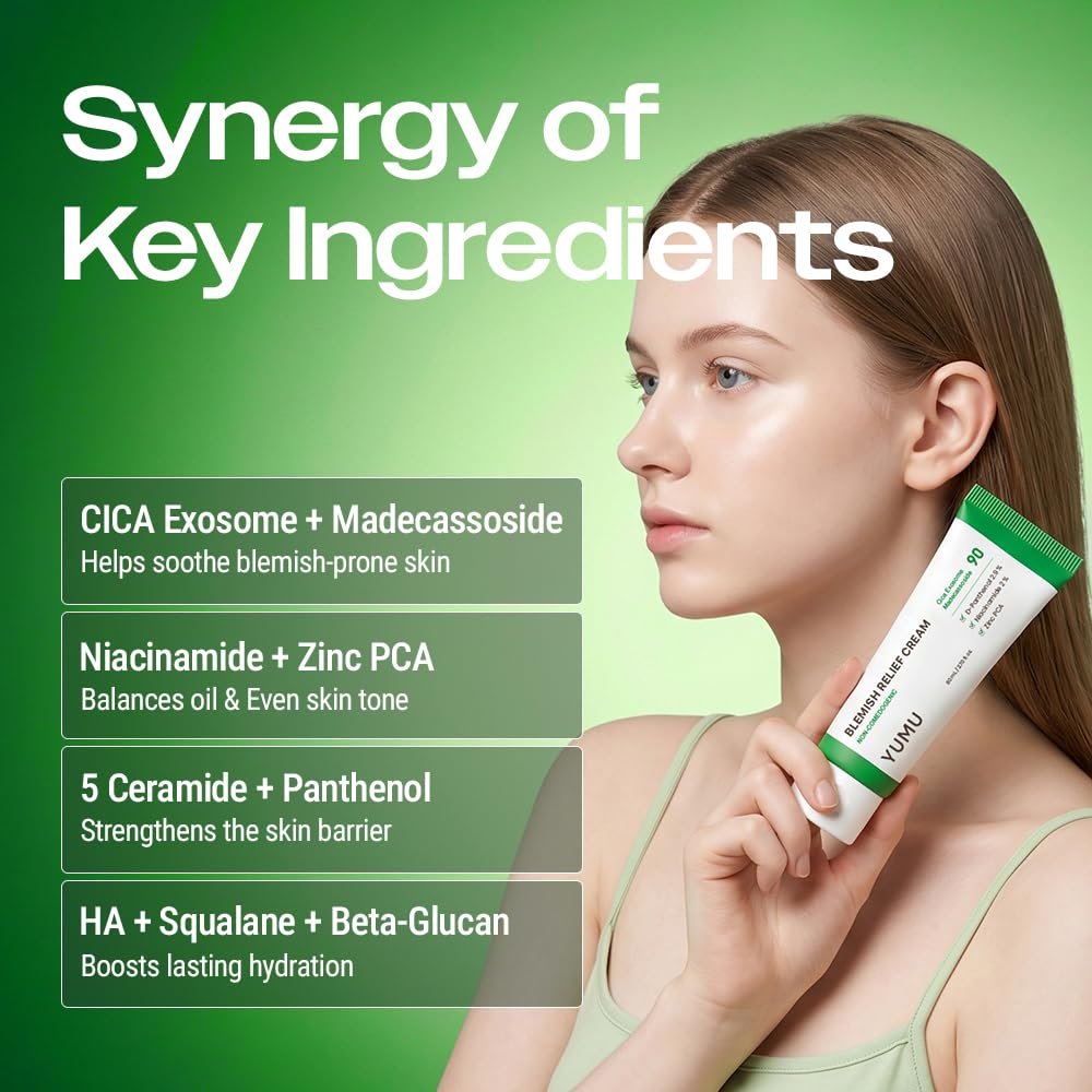 YUMU Cica Exosome Zinc Blemish Relief Cream - Face Moisturizer for Sensitive, Acne-Prone Skin - Lightweight, Oil-Free, Barrier Repair & Hydration - Korean Skincare (80 ml/2.70 fl.oz.) Avelisse