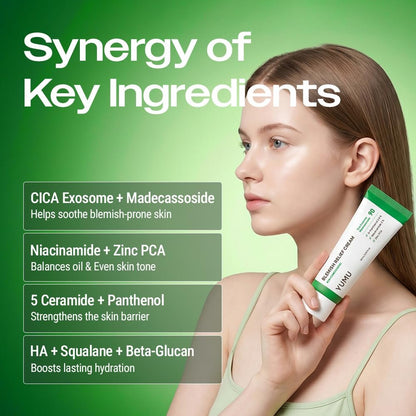 YUMU Cica Exosome Zinc Blemish Relief Cream - Face Moisturizer for Sensitive, Acne-Prone Skin - Lightweight, Oil-Free, Barrier Repair & Hydration - Korean Skincare (80 ml/2.70 fl.oz.) Avelisse