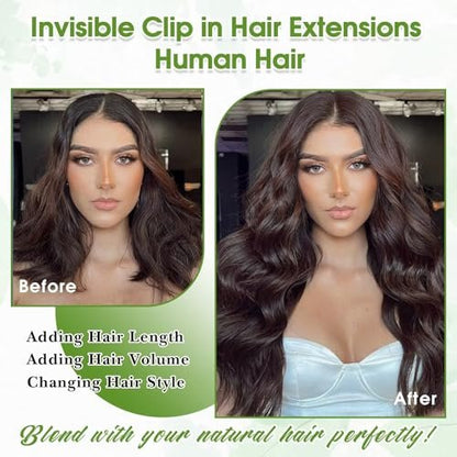 TOHASI Dark Brown Clip in Hair Extensions Real Human Hair 18inch 8pcs/70g Lightweight Straight Remy Human Hair Clip in Extensions for Women Seamless Dark Brown Human Hair Extensions Clip ins Double Wefts