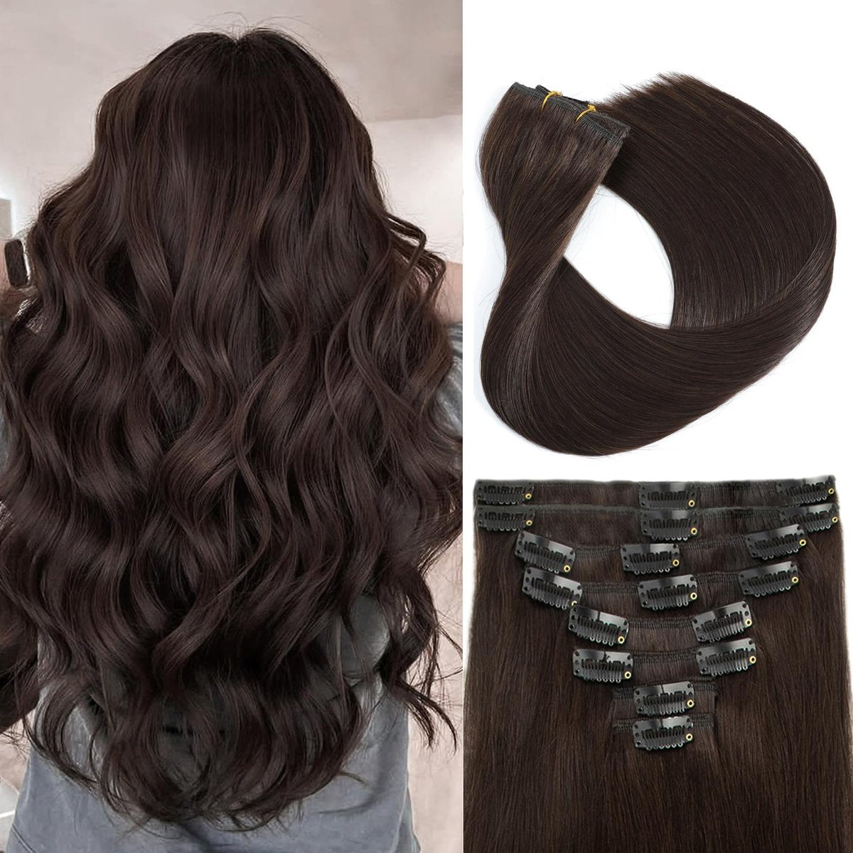 TOHASI Dark Brown Clip in Hair Extensions Real Human Hair 18inch 8pcs/70g Lightweight Straight Remy Human Hair Clip in Extensions for Women Seamless Dark Brown Human Hair Extensions Clip ins Double Wefts - görsel 1