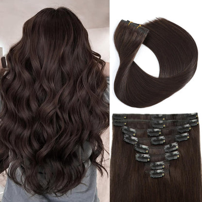 TOHASI Dark Brown Clip in Hair Extensions Real Human Hair 18inch 8pcs/70g Lightweight Straight Remy Human Hair Clip in Extensions for Women Seamless Dark Brown Human Hair Extensions Clip ins Double Wefts