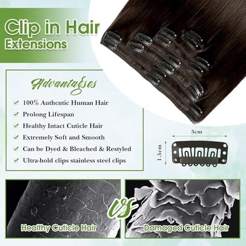 TOHASI Dark Brown Clip in Hair Extensions Real Human Hair 18inch 8pcs/70g Lightweight Straight Remy Human Hair Clip in Extensions for Women Seamless Dark Brown Human Hair Extensions Clip ins Double Wefts - görsel 8