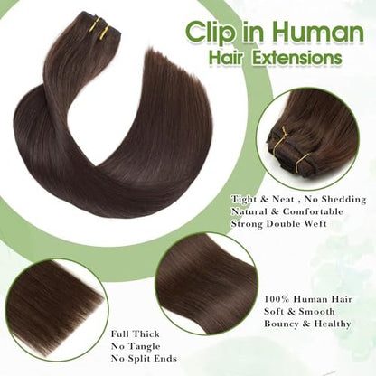 TOHASI Dark Brown Clip in Hair Extensions Real Human Hair 18inch 8pcs/70g Lightweight Straight Remy Human Hair Clip in Extensions for Women Seamless Dark Brown Human Hair Extensions Clip ins Double Wefts
