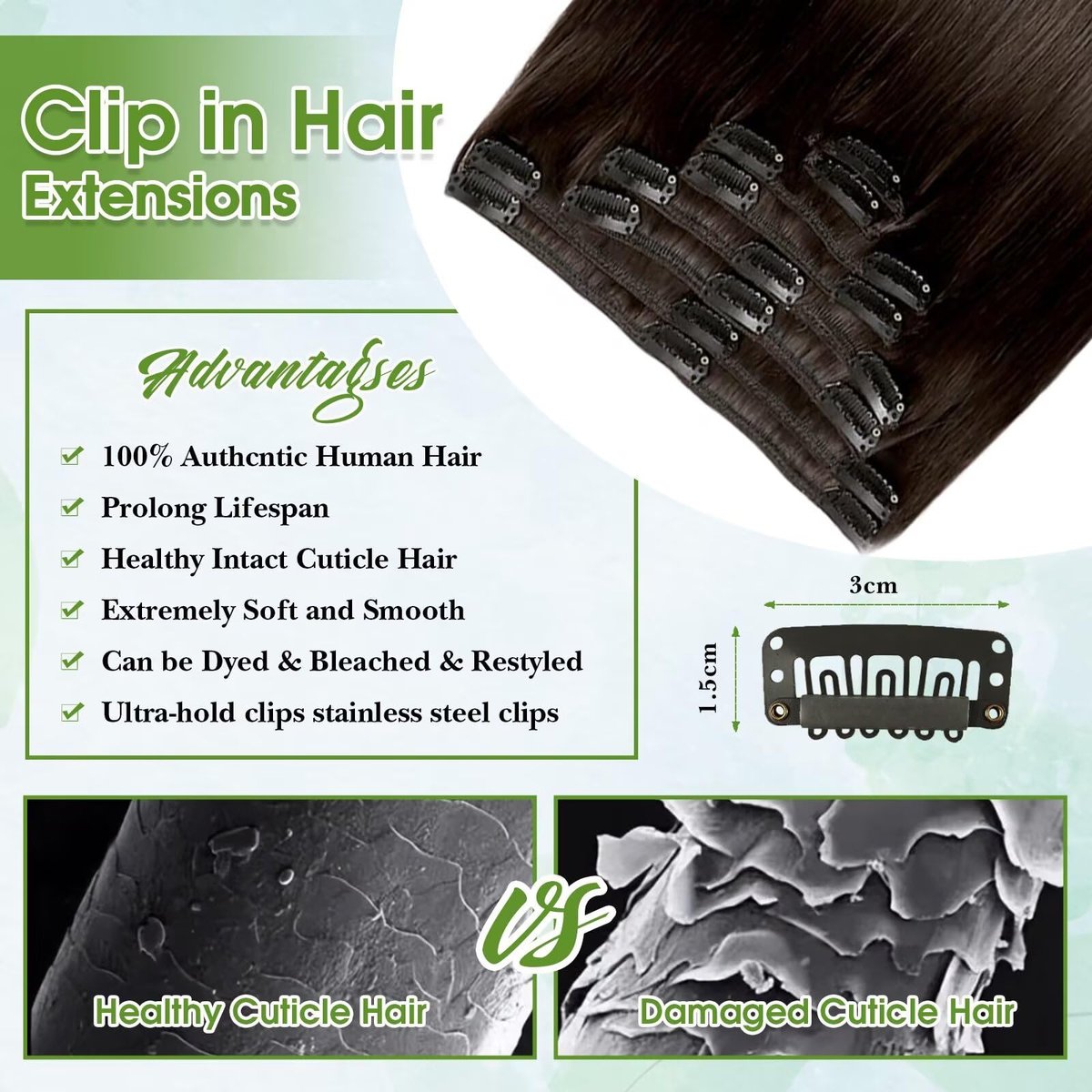 TOHASI Dark Brown Clip in Hair Extensions Real Human Hair 18inch 8pcs/70g Lightweight Straight Remy Human Hair Clip in Extensions for Women Seamless Dark Brown Human Hair Extensions Clip ins Double Wefts - görsel 7