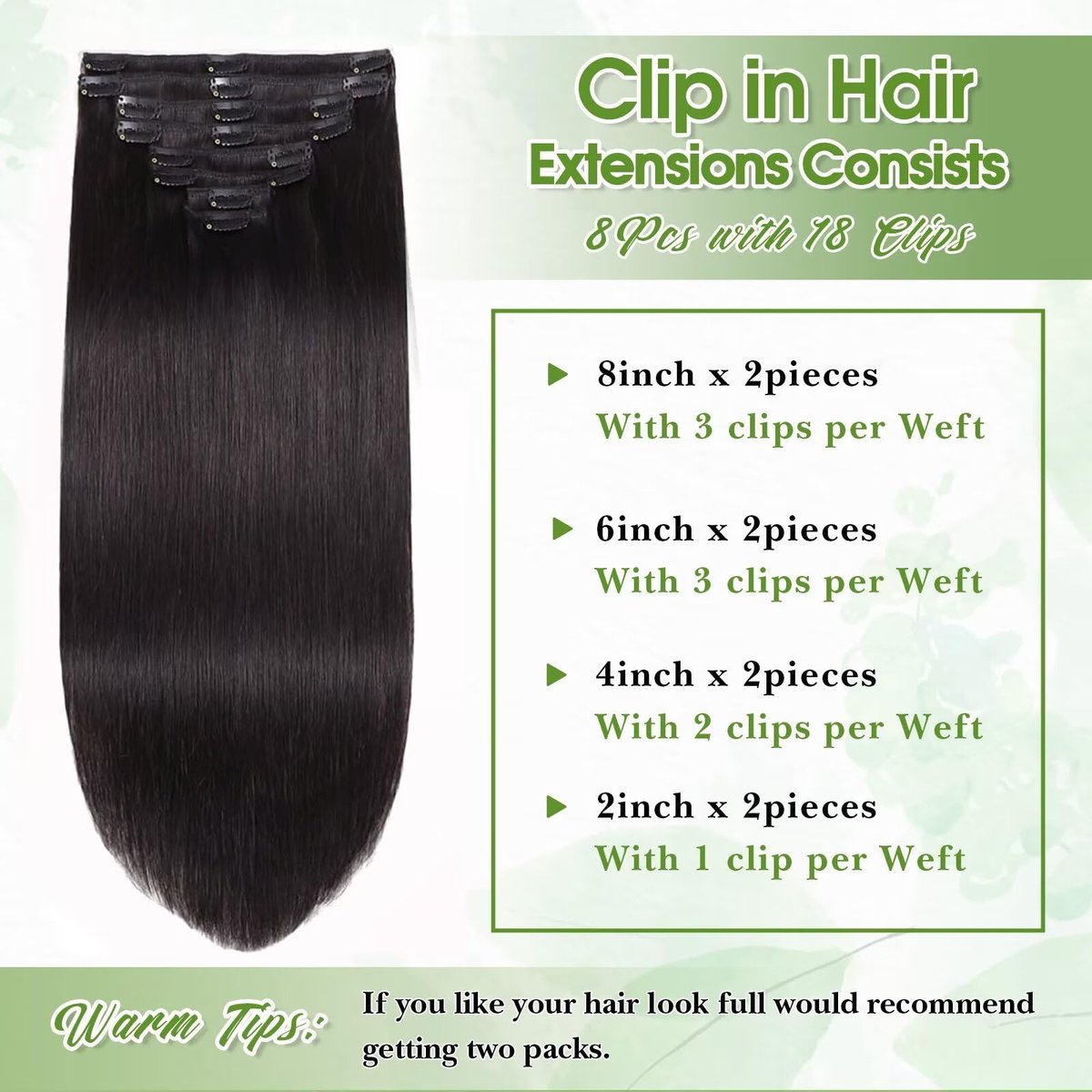 TOHASI Dark Brown Clip in Hair Extensions Real Human Hair 18inch 8pcs/70g Lightweight Straight Remy Human Hair Clip in Extensions for Women Seamless Dark Brown Human Hair Extensions Clip ins Double Wefts - görsel 3