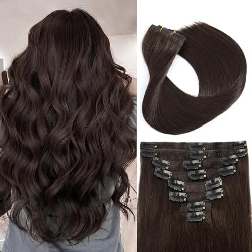 TOHASI Dark Brown Clip in Hair Extensions Real Human Hair 18inch 8pcs/70g Lightweight Straight Remy Human Hair Clip in Extensions for Women Seamless Dark Brown Human Hair Extensions Clip ins Double Wefts - görsel 2
