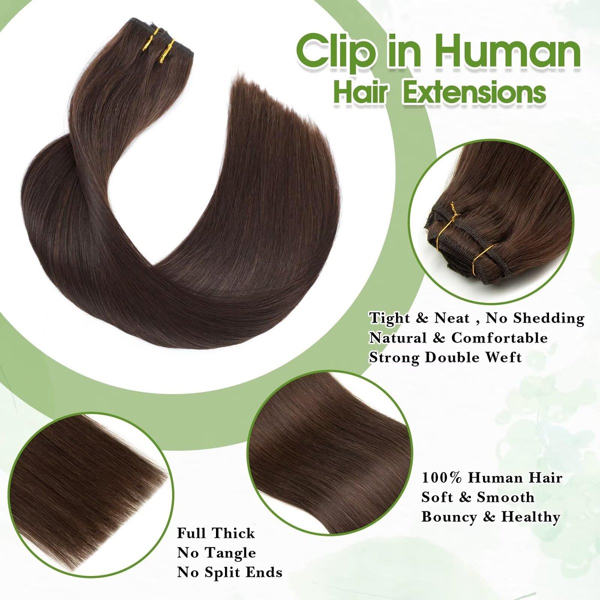 TOHASI Dark Brown Clip in Hair Extensions Real Human Hair 18inch 8pcs/70g Lightweight Straight Remy Human Hair Clip in Extensions for Women Seamless Dark Brown Human Hair Extensions Clip ins Double Wefts - görsel 5
