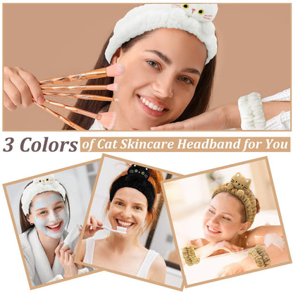 AMCAMI Spa Headband 3-Pack: Soft Plush Cat Ear Makeup Headbands for Women – Skincare Face Wash Hair Band for Daily Self-Care & Styling
