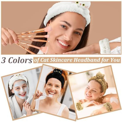 AMCAMI Spa Headband 3-Pack: Soft Plush Cat Ear Makeup Headbands for Women – Skincare Face Wash Hair Band for Daily Self-Care & Styling