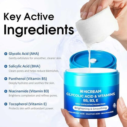Hicream Glycolic Acid Pads – Dual-Textured Facial Exfoliating Toner for Pore Care & Skin Radiance, Deep Cleansing Peel with Niacinamide, Salicylic Acid & Vitamins E, B3, B5 (50 Pads)