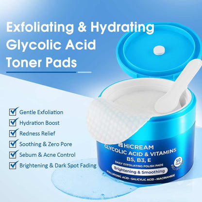Hicream Glycolic Acid Pads – Dual-Textured Facial Exfoliating Toner for Pore Care & Skin Radiance, Deep Cleansing Peel with Niacinamide, Salicylic Acid & Vitamins E, B3, B5 (50 Pads)