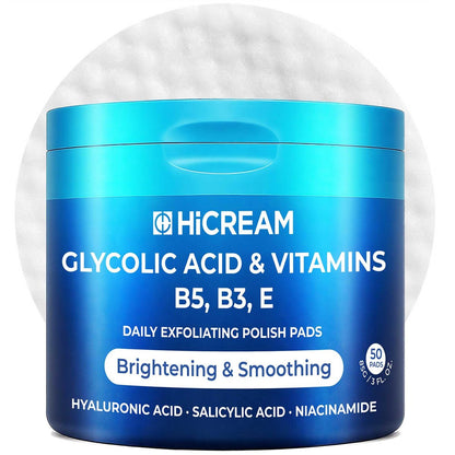 Hicream Glycolic Acid Pads – Dual-Textured Facial Exfoliating Toner for Pore Care & Skin Radiance, Deep Cleansing Peel with Niacinamide, Salicylic Acid & Vitamins E, B3, B5 (50 Pads)