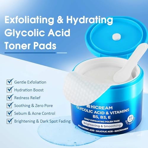 Hicream Glycolic Acid Pads – Dual-Textured Facial Exfoliating Toner for Pore Care & Skin Radiance, Deep Cleansing Peel with Niacinamide, Salicylic Acid & Vitamins E, B3, B5 (50 Pads) - görsel 3