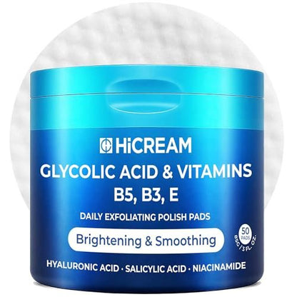 Hicream Glycolic Acid Pads – Dual-Textured Facial Exfoliating Toner for Pore Care & Skin Radiance, Deep Cleansing Peel with Niacinamide, Salicylic Acid & Vitamins E, B3, B5 (50 Pads)