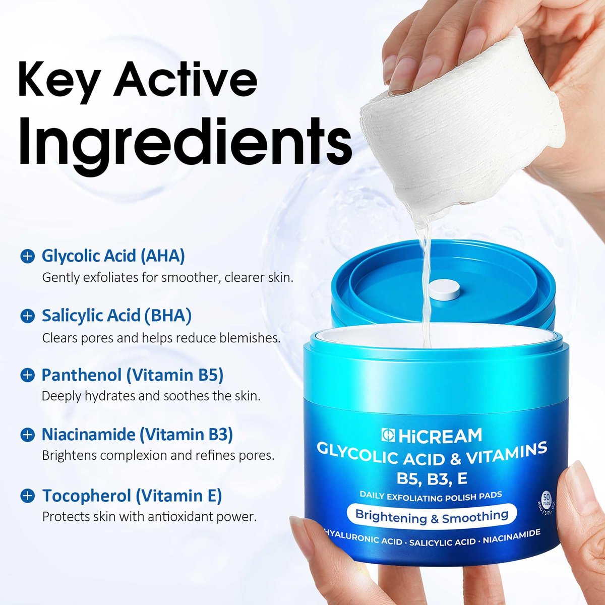 Hicream Glycolic Acid Pads – Dual-Textured Facial Exfoliating Toner for Pore Care & Skin Radiance, Deep Cleansing Peel with Niacinamide, Salicylic Acid & Vitamins E, B3, B5 (50 Pads) - görsel 8