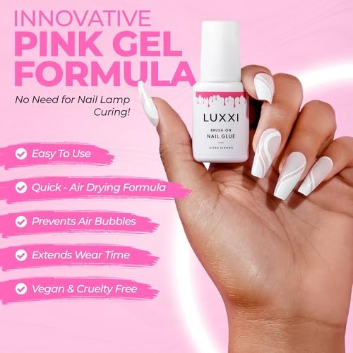 LUXXI Brush On Nail Glue for Press On Nails - Precision Applicator, Quick Air Dry Adhesive for Nail Tips, Artificial & Acrylic, Long Wear Hold, No UV Lamp Needed | Pink Gel - 0.24oz - görsel 4