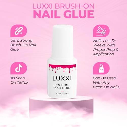 LUXXI Brush On Nail Glue for Press On Nails - Precision Applicator, Quick Air Dry Adhesive for Nail Tips, Artificial & Acrylic, Long Wear Hold, No UV Lamp Needed | Pink Gel - 0.24oz - görsel 14