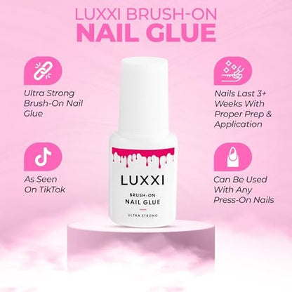 LUXXI Brush On Nail Glue for Press On Nails - Precision Applicator, Quick Air Dry Adhesive for Nail Tips, Artificial & Acrylic, Long Wear Hold, No UV Lamp Needed | Pink Gel - 0.24oz