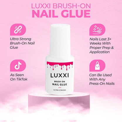 LUXXI Brush On Nail Glue for Press On Nails - Precision Applicator, Quick Air Dry Adhesive for Nail Tips, Artificial & Acrylic, Long Wear Hold, No UV Lamp Needed | Pink Gel - 0.24oz