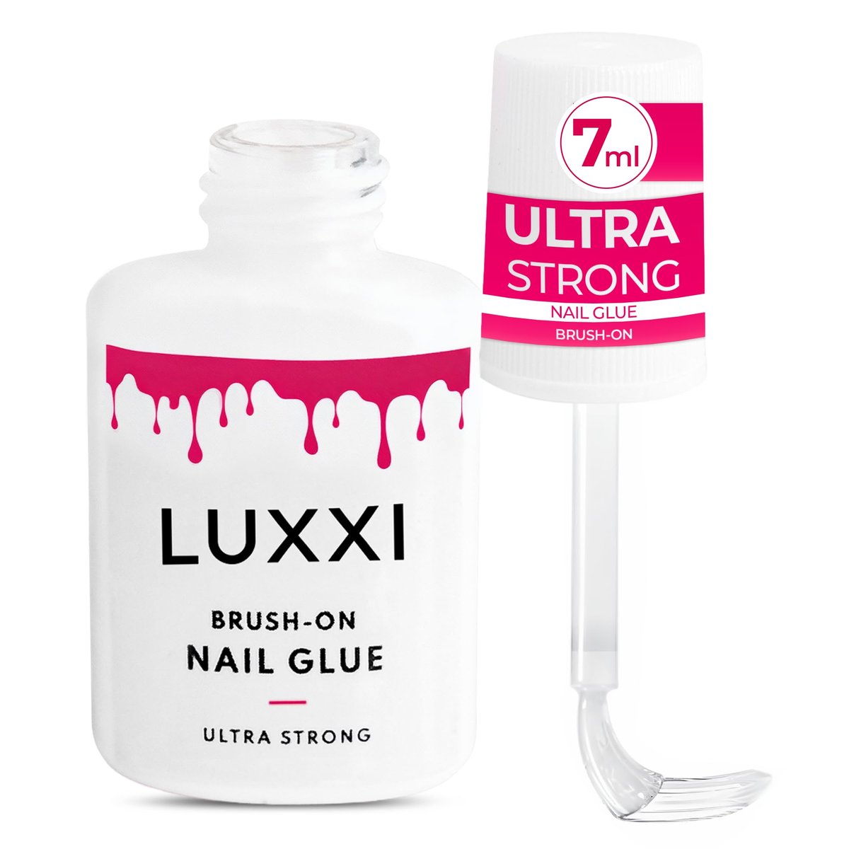 LUXXI Brush On Nail Glue for Press On Nails - Precision Applicator, Quick Air Dry Adhesive for Nail Tips, Artificial & Acrylic, Long Wear Hold, No UV Lamp Needed | Pink Gel - 0.24oz - görsel 1
