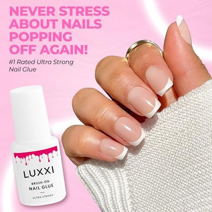 LUXXI Brush On Nail Glue for Press On Nails - Precision Applicator, Quick Air Dry Adhesive for Nail Tips, Artificial & Acrylic, Long Wear Hold, No UV Lamp Needed | Pink Gel - 0.24oz