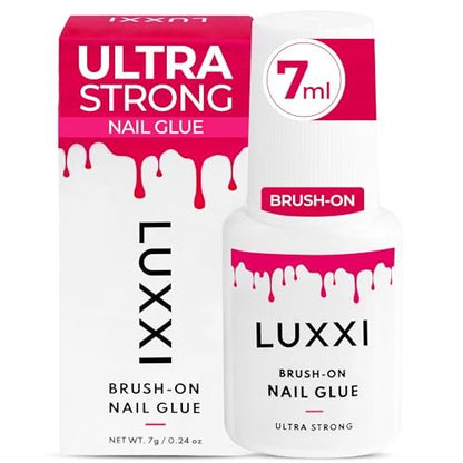 LUXXI Brush On Nail Glue for Press On Nails - Precision Applicator, Quick Air Dry Adhesive for Nail Tips, Artificial & Acrylic, Long Wear Hold, No UV Lamp Needed | Pink Gel - 0.24oz