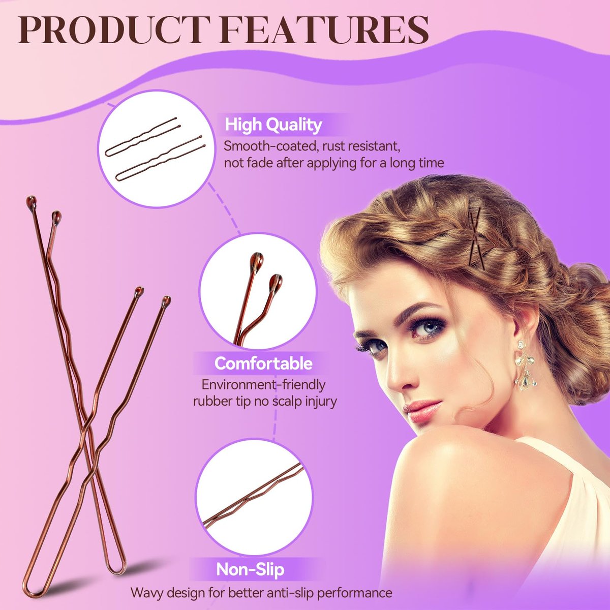 300 Pcs Bobby Pins Hair Pins Kit with Storage Box - Brown Non-Slip Bobby Pins, Invisible Hair Pins, and Clear Hair Elastics for All Hair Types - görsel 6