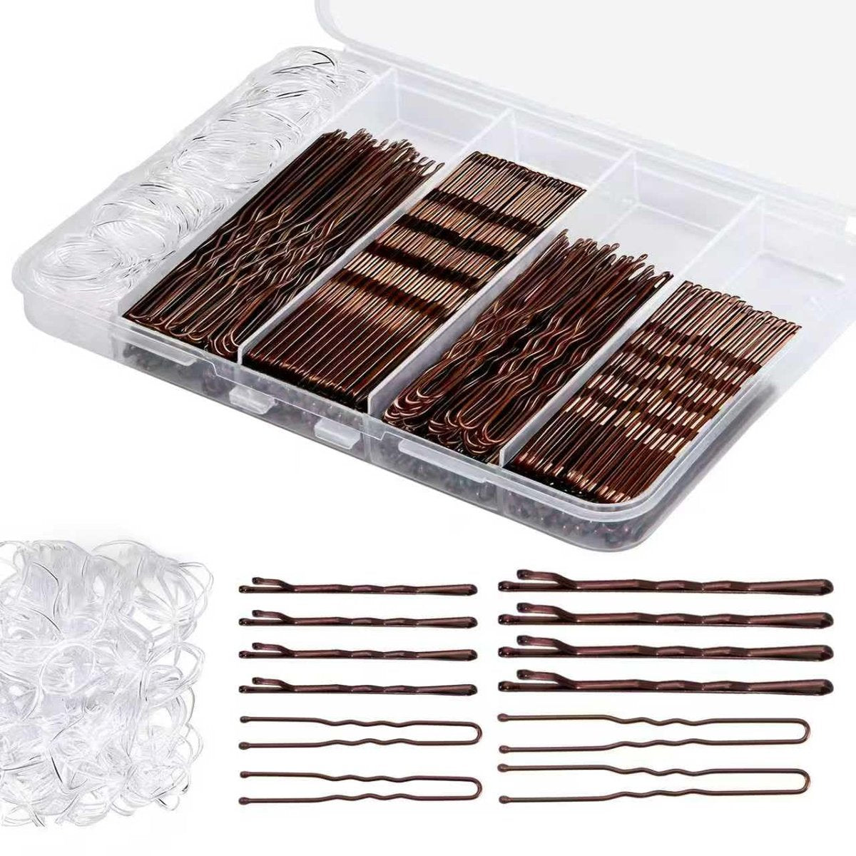 300 Pcs Bobby Pins Hair Pins Kit with Storage Box - Brown Non-Slip Bobby Pins, Invisible Hair Pins, and Clear Hair Elastics for All Hair Types - görsel 2